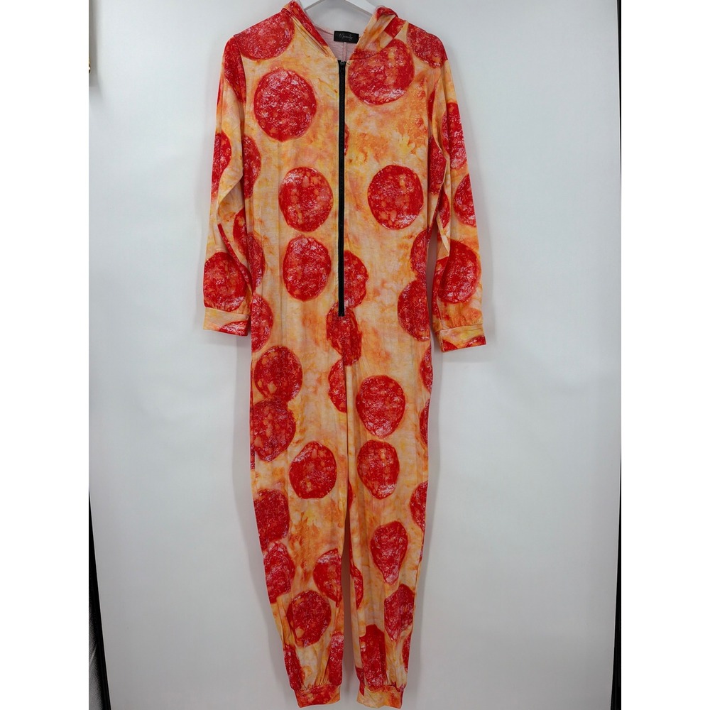 Pepperoni Pizza Print Hooded Jumpsuit Small Costume One Piece Pockets Halloween